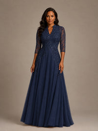 Embellished Appliques Mother of the Bride Dress with 3/4 Sleeves