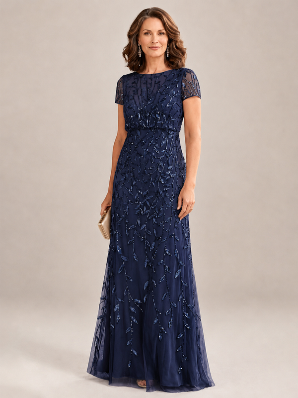 Navy Blue Short Sleeve Sequin Mother of the Bride Dress Long Tulle A-line Evening Formal Dress Wedding Guest Gown