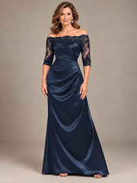 Satin Mother of the Bride Dress with Lace Sleeves Off Shoulder Formal Gown