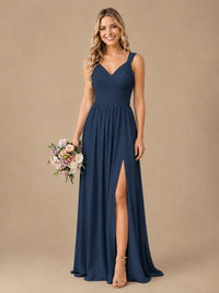 Pleated Chiffon V Neck Wedding Bridesmaid Dresses Floor Length with Slit