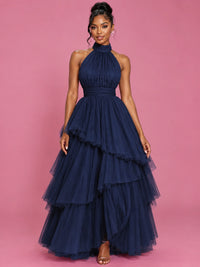 Hot Pink Tulle Halter Neck Tiered Ruffle Maxi Dress