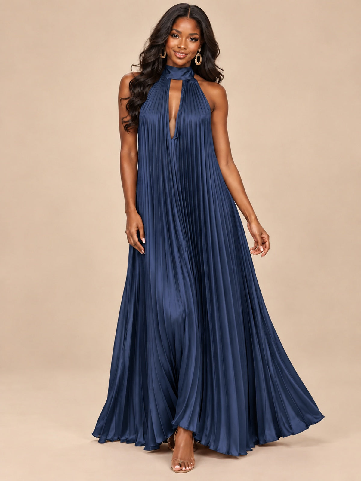 Rust Orange Pleated Halter Neck Maxi Dress