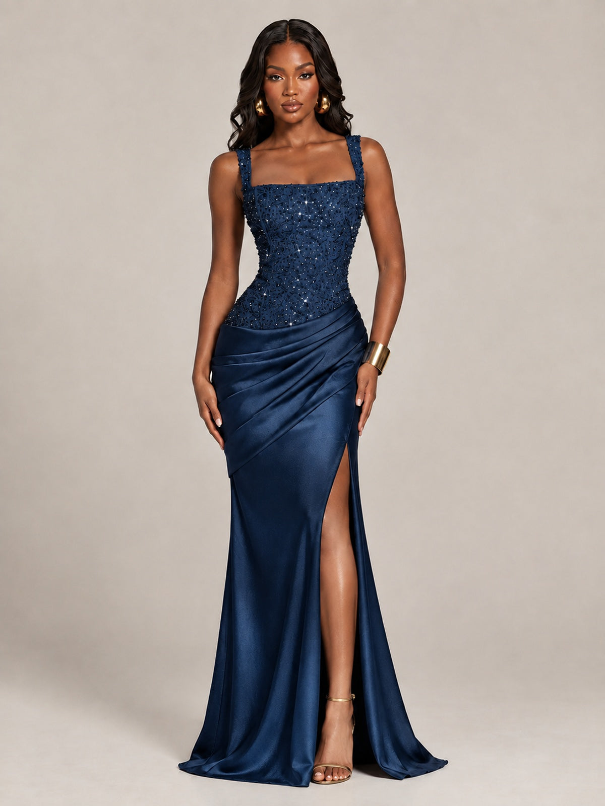 Scoop Neck Sequin Prom Dress with High Slit Satin Formal Gowns
