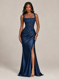 Scoop Neck Sequin Prom Dress with High Slit Satin Formal Gowns
