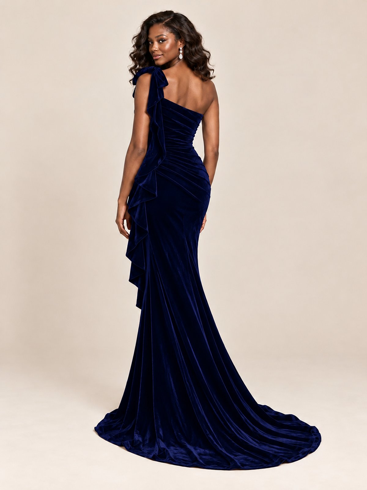 Black Velvet One-Shoulder Mermaid Evening Gown with Bow & Ruffles