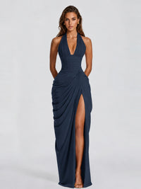 Ruched Halter Neck High-Slit Prom & Evening Dress