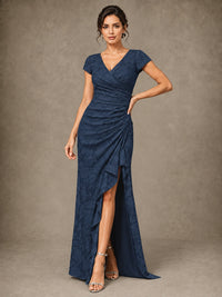 V-Neck Floral Jacquard Mother of the Bride Dress with Slit