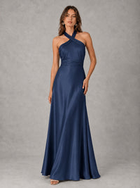 Sage Green Satin A-Line Bridesmaid Dress with Halter Neck