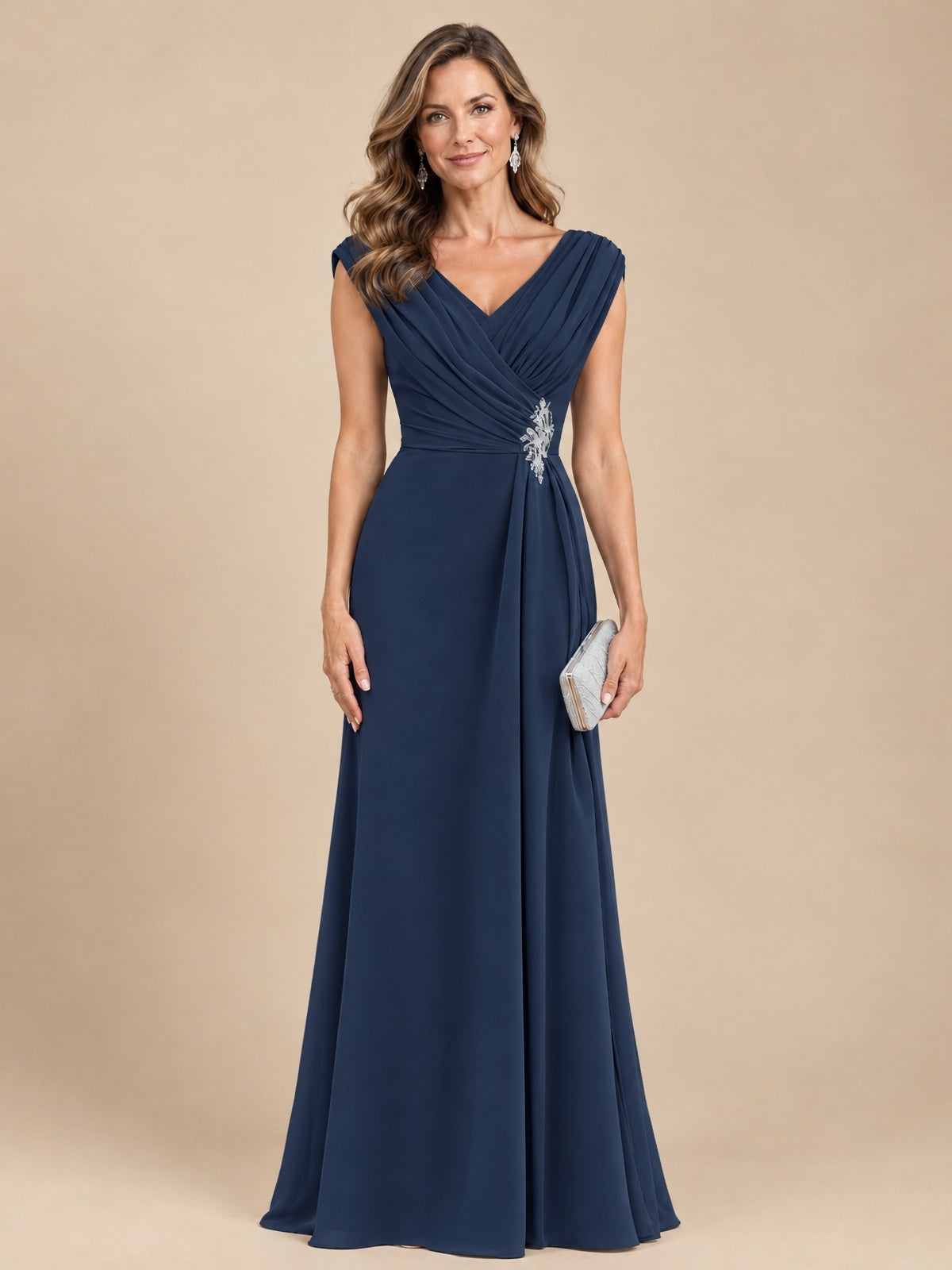 V Neck Pleated Mother of The Bride Dresses with Beading Cap Sleeves