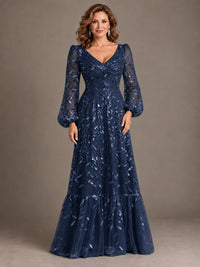 Floral Sequin Embroidered A-Line Mother of the Bride Dress with Long Sleeves