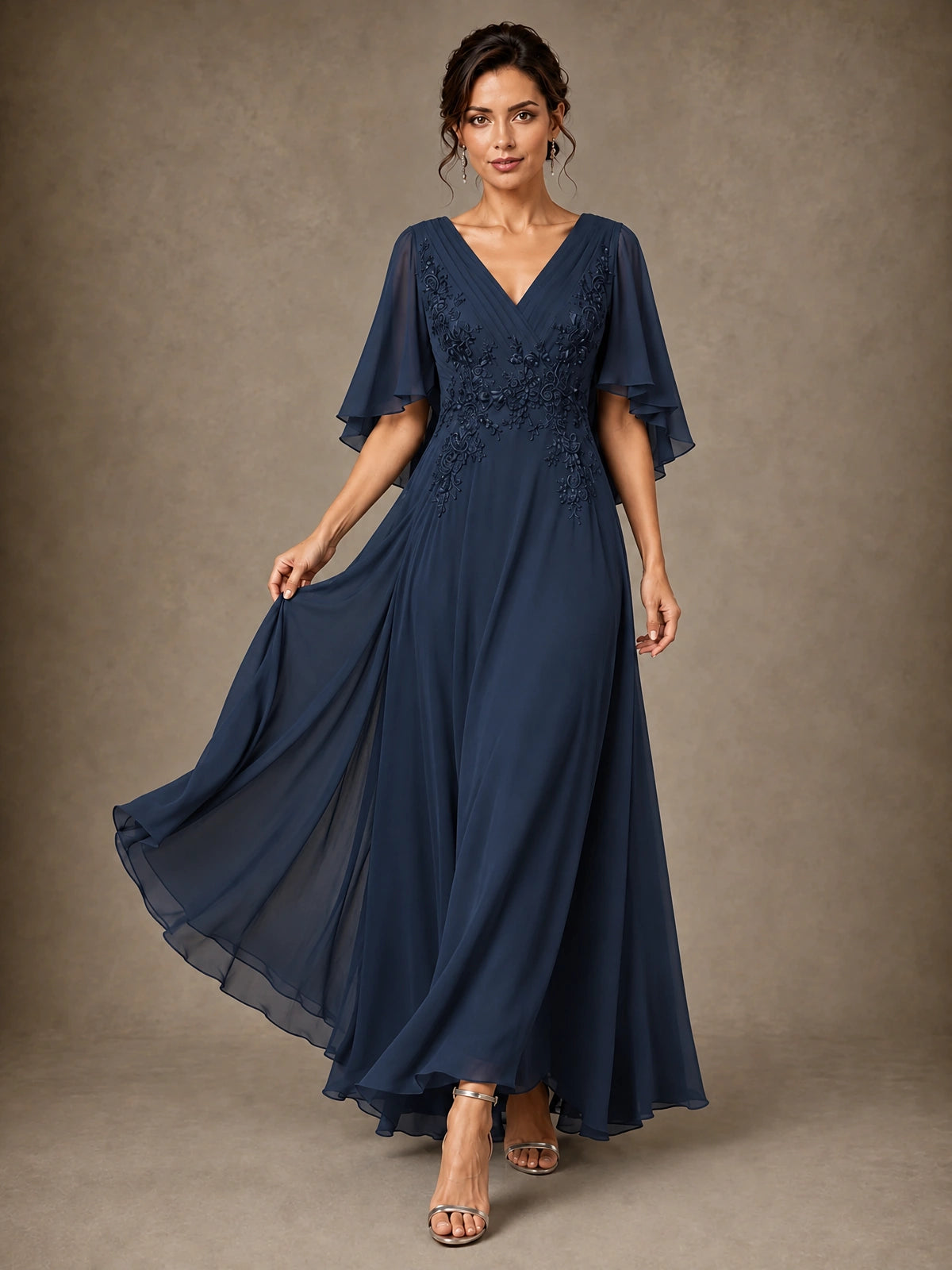 V-Neck Chiffon Lace Mother of the Bride Dress with Flutter Sleeves