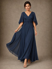 V-Neck Chiffon Lace Mother of the Bride Dress with Flutter Sleeves