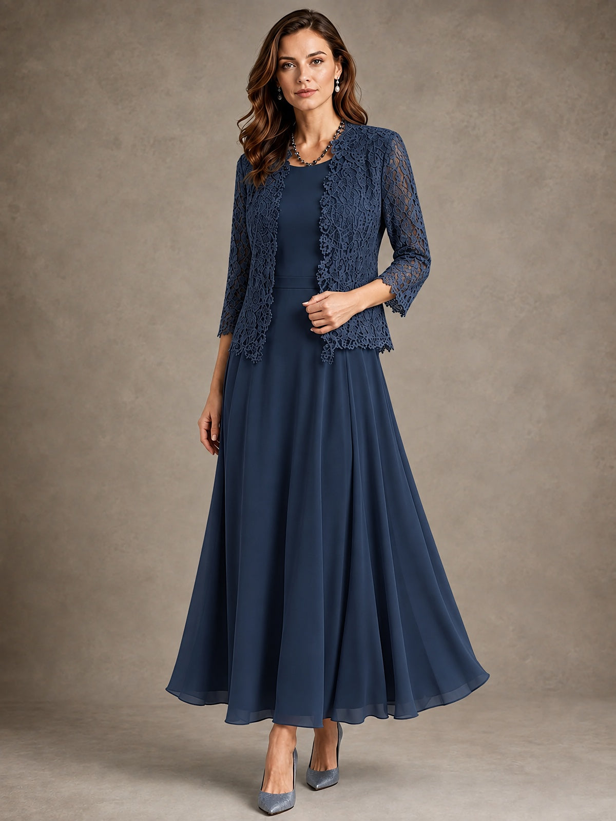 2-Piece Chiffon Mother of the Bride Dress with Lace Jacket