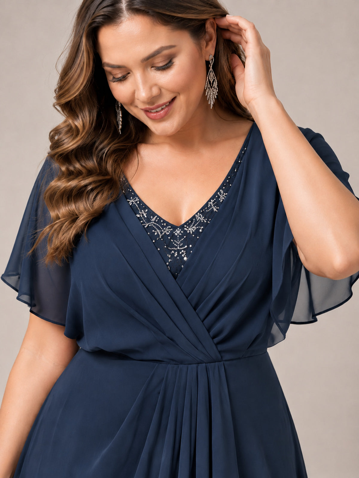 Navy Blue A-Line V-Neck Tea-Length Mother of the Bride Dress