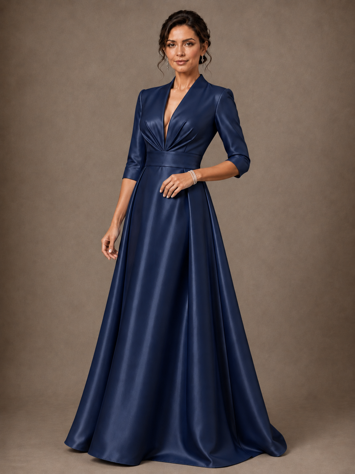 V-Neck Pleated Satin Mother of the Bride Gown with 3/4 Sleeves