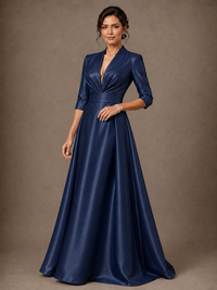 V-Neck Pleated Satin Mother of the Bride Gown with 3/4 Sleeves