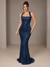 Navy Blue Halter Sequin Mermiad Ruched Prom Dress Long Ruched Eveing Gown
