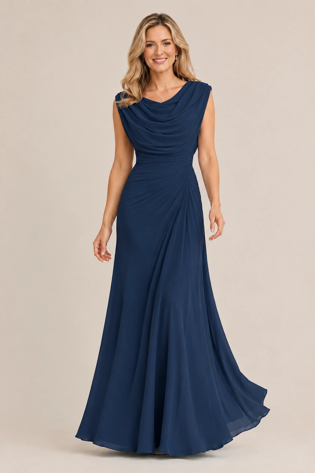 Cowl Neck Ruched Chiffon Mother of the Bride Dress