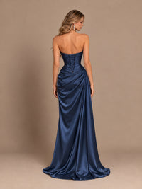 Dusty Blue Strapless Satin Prom Dress with Ruched Bodice and Slit