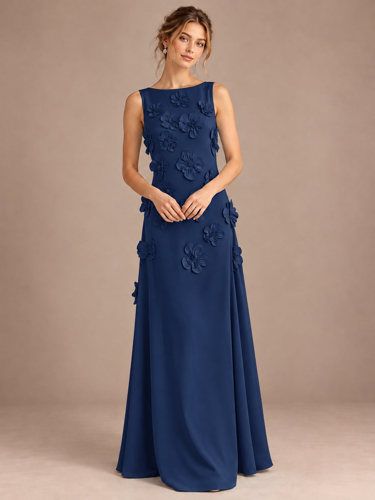 3D Floral Applique Sleeveless Formal Maxi Dress