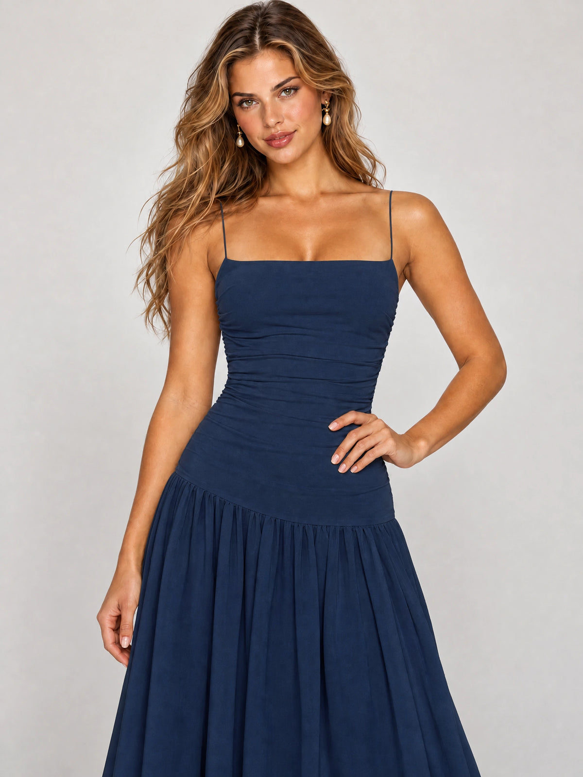 Butter Yellow Ruched Spaghetti Strap Drop-Waist Prom Dress