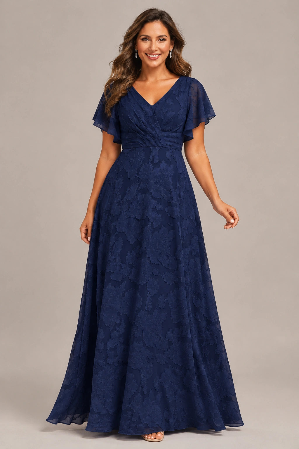 Jovellee Floral Chiffon A-Line Mother of the Bride Dress with Flutter Sleeves