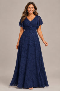 Jovellee Floral Chiffon A-Line Mother of the Bride Dress with Flutter Sleeves
