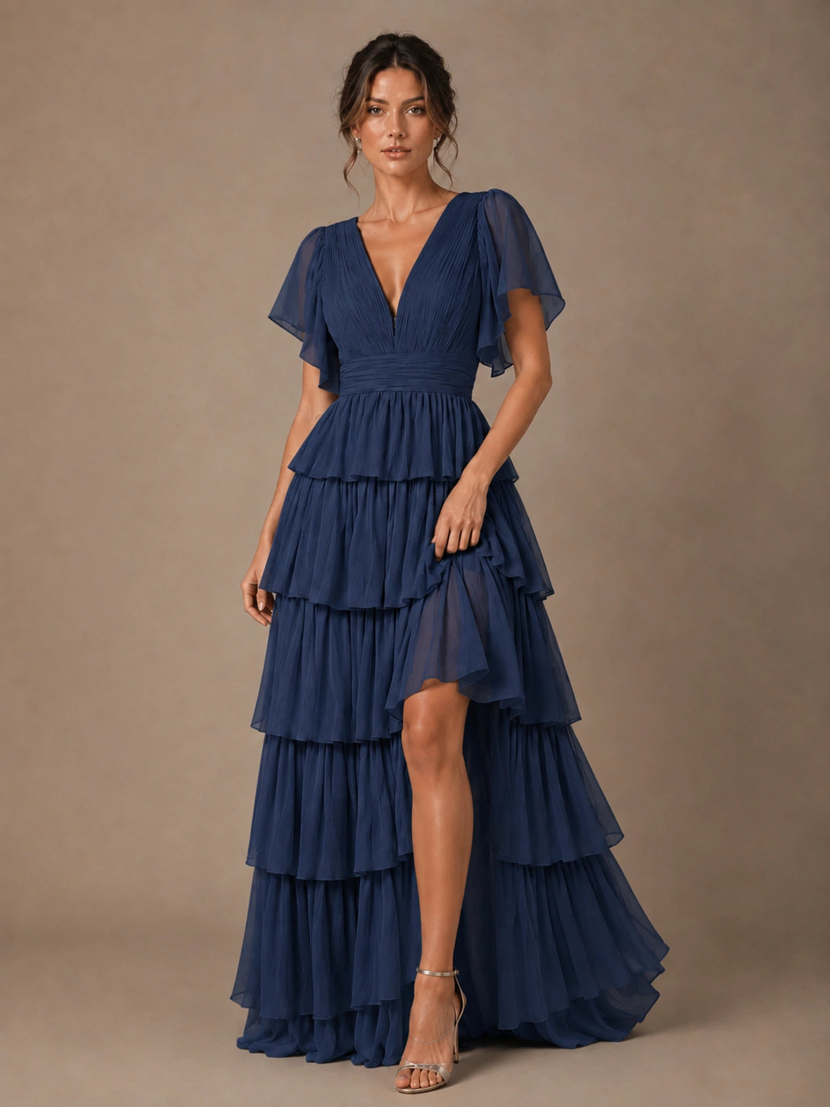 Chiffon V-Neck Tiered Ruffle Bridesmaid Dress with Slit