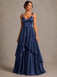 Lavender Satin V-Neck Ruffle Maxi Dress