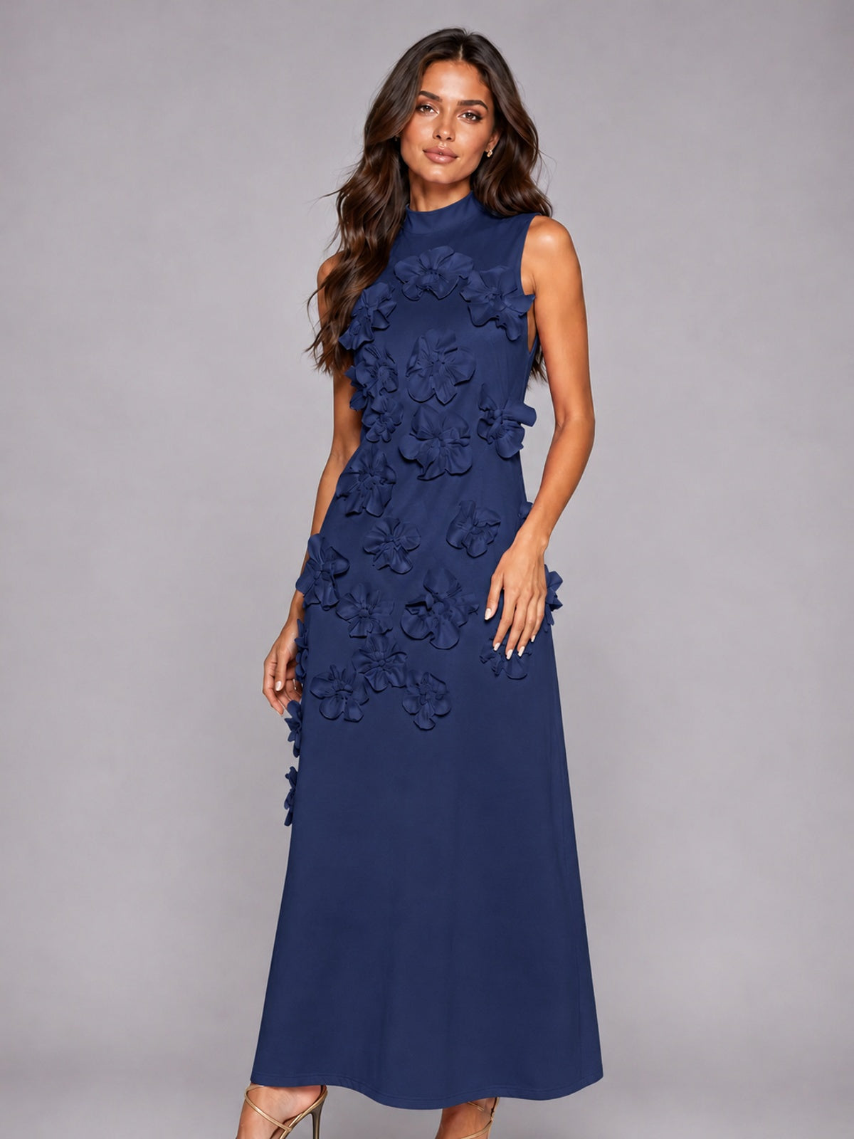 3D Floral Applique High Neck Prom Maxi Dress