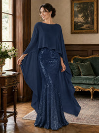 Sequin 2 Pieces Mother of the Bride Dress with Cap Sleeves Chiffon Formal Gowns