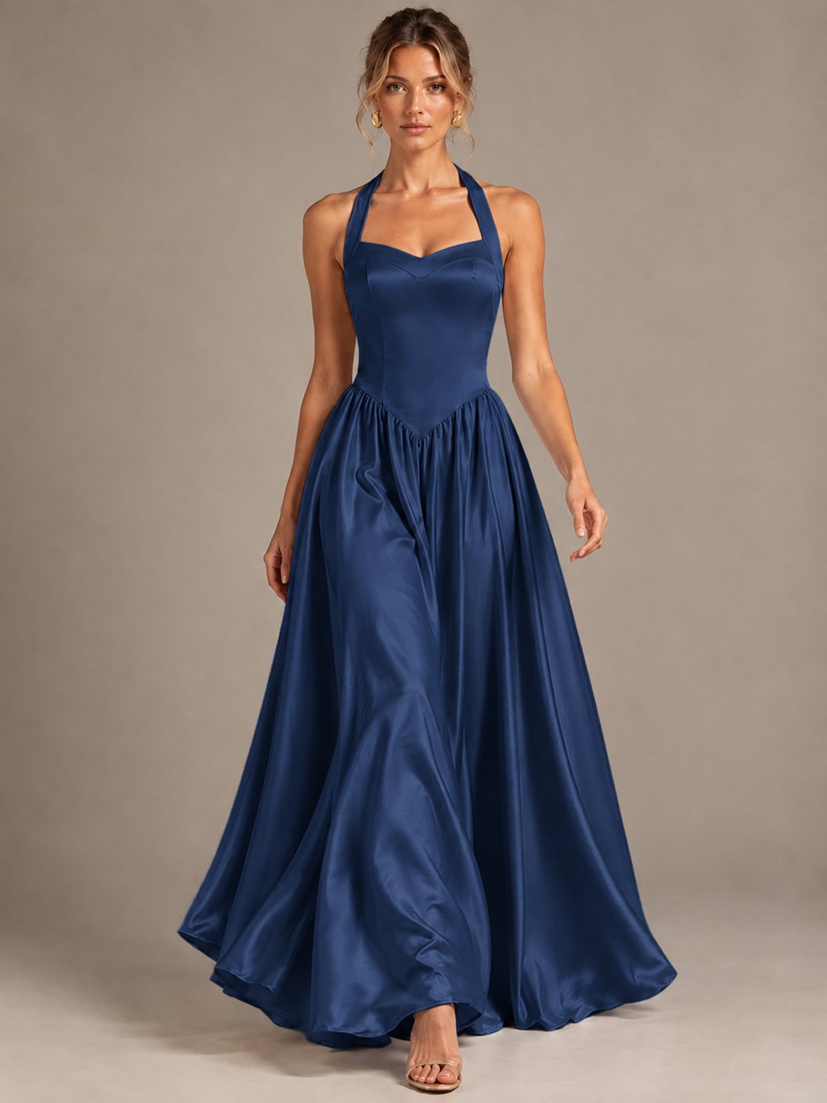 Light Yellow Halter Neck Satin A-Line Maxi Dress with Pockets
