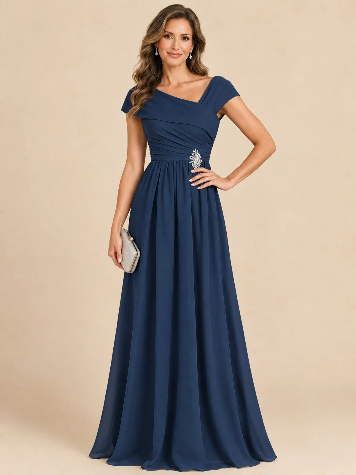 Cap Sleeve Mother of The Bride Dresses Long Chiffon Formal Gowns