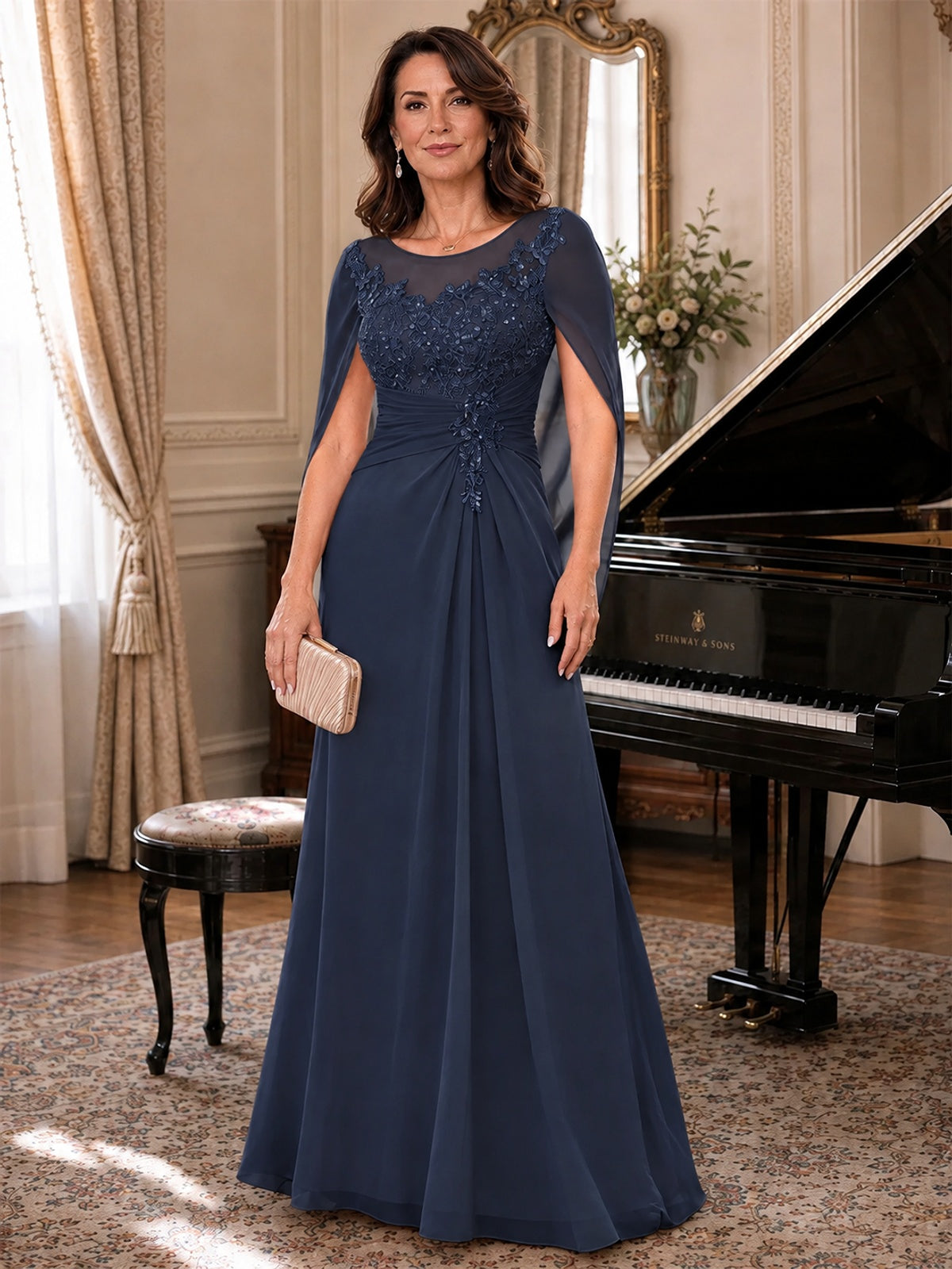 Elegant Applique Chiffon Mother of the Bride Dress with Cape Sleeves
