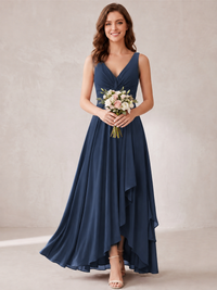 V-Neck High-Low Chiffon Bridesmaid Dress with Ruffles