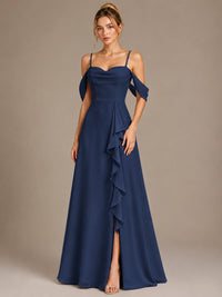 Spaghetti Strap Chiffon Bridesmaid Dress with Ruffles Slit