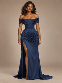 Burgundy Off-the-Shoulder Satin Corset Prom Dress with Slit