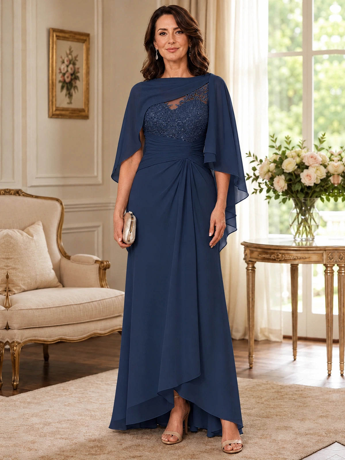 Elegant Chiffon Mother of the Bride Dress with Lace Applique and Cape Sleeves