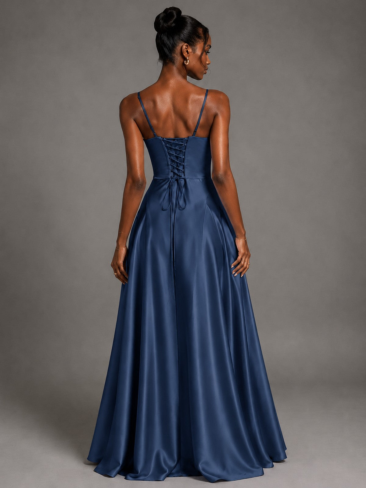Lavender V Neck Satin Prom Dress with Spaghetti Straps