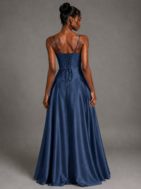 Lavender V Neck Satin Prom Dress with Spaghetti Straps