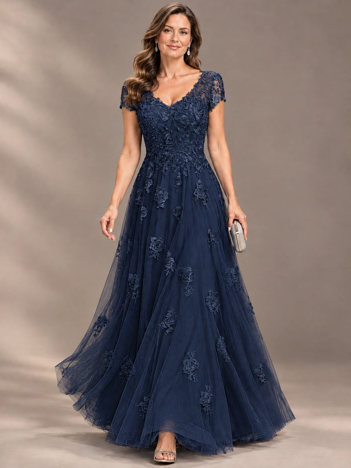 Lace Appliques A-line Mother of The Bride Dresses with Short Sleeves
