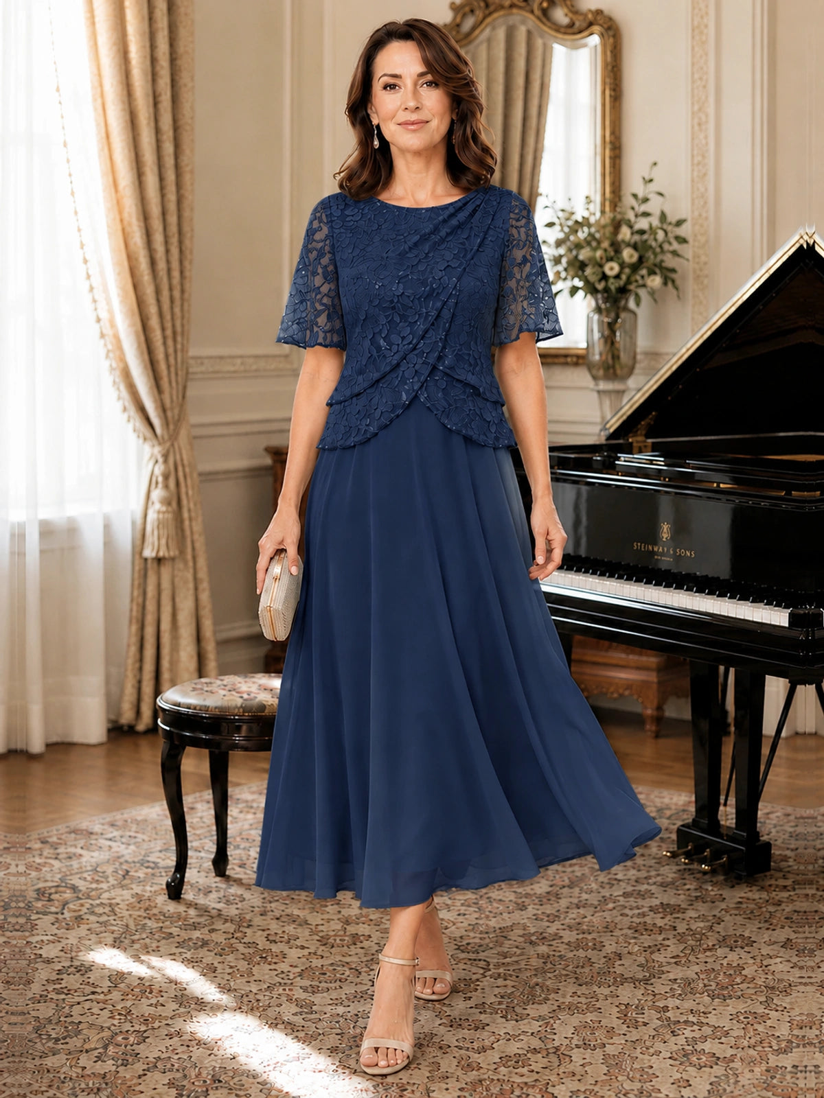 Tea-Length Chiffon Mother of the Bride Dress with Sequin Lace Sleeves