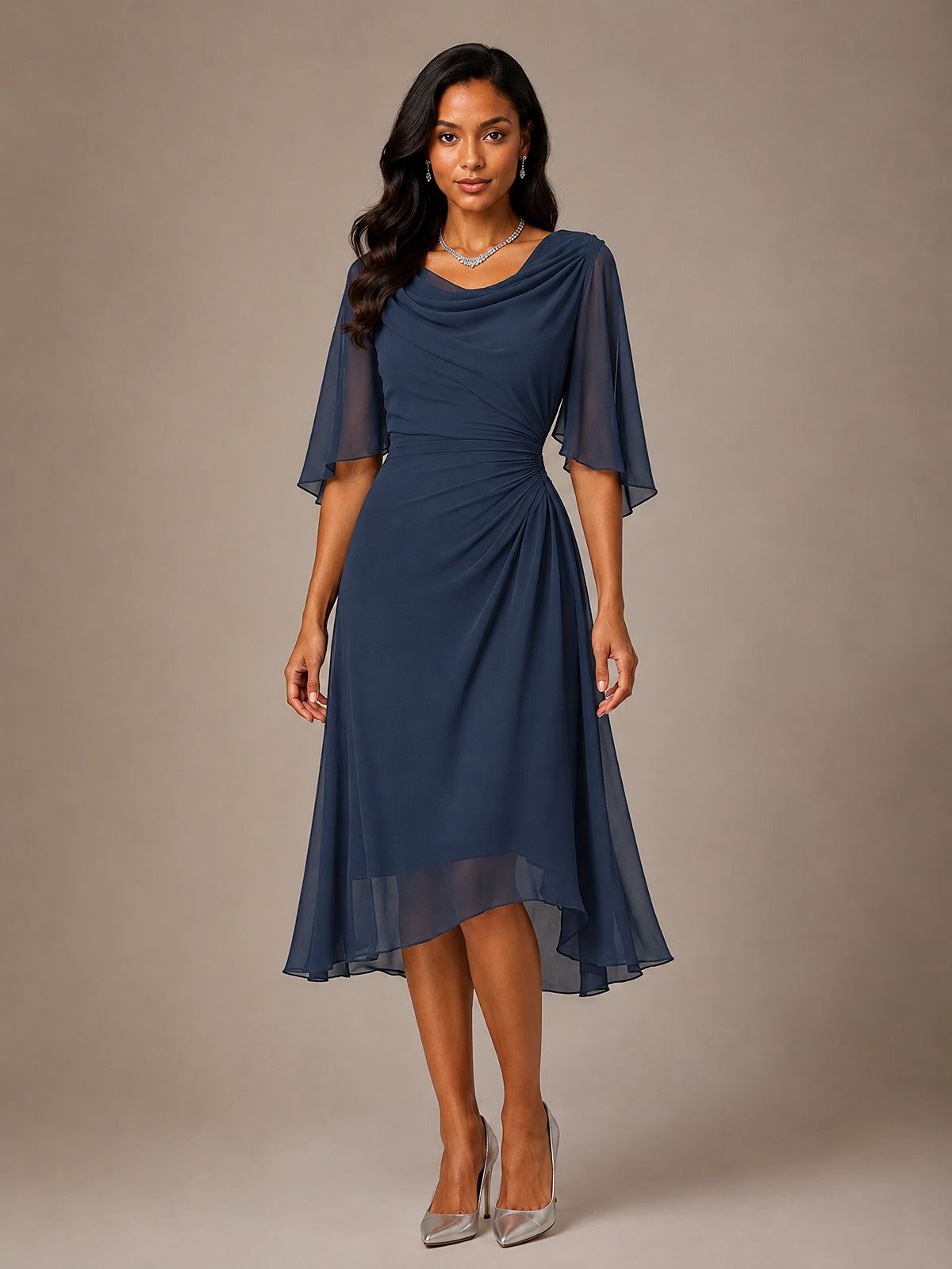 Cowl Neck Ruched Chiffon Mother of the Bride Dresses with Flutter Sleeves