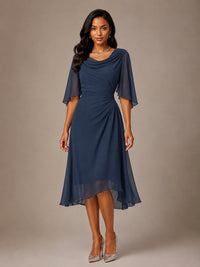 Cowl Neck Ruched Chiffon Mother of the Bride Dresses with Flutter Sleeves
