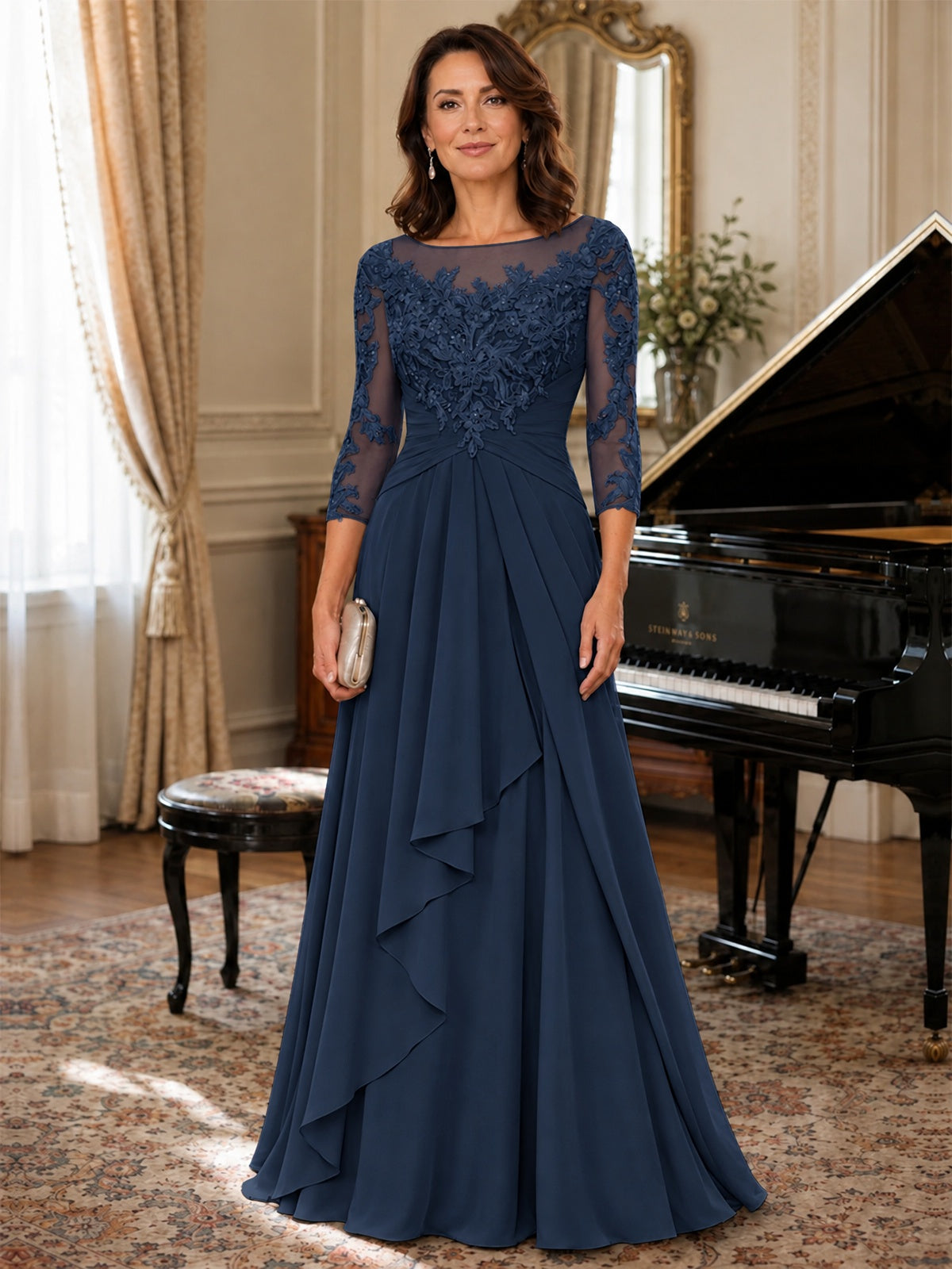 A-Line Chiffon Mother of the Bride Dress with Floral Applique 3/4 Sleeves