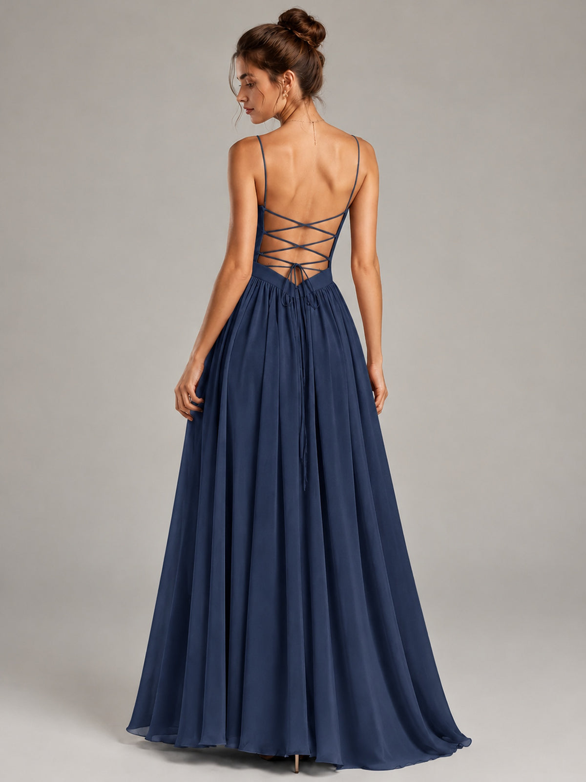 Spaghetti Strap Ruched Chiffon Maxi Dress with Backless