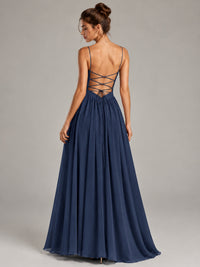 Spaghetti Strap Ruched Chiffon Maxi Dress with Backless