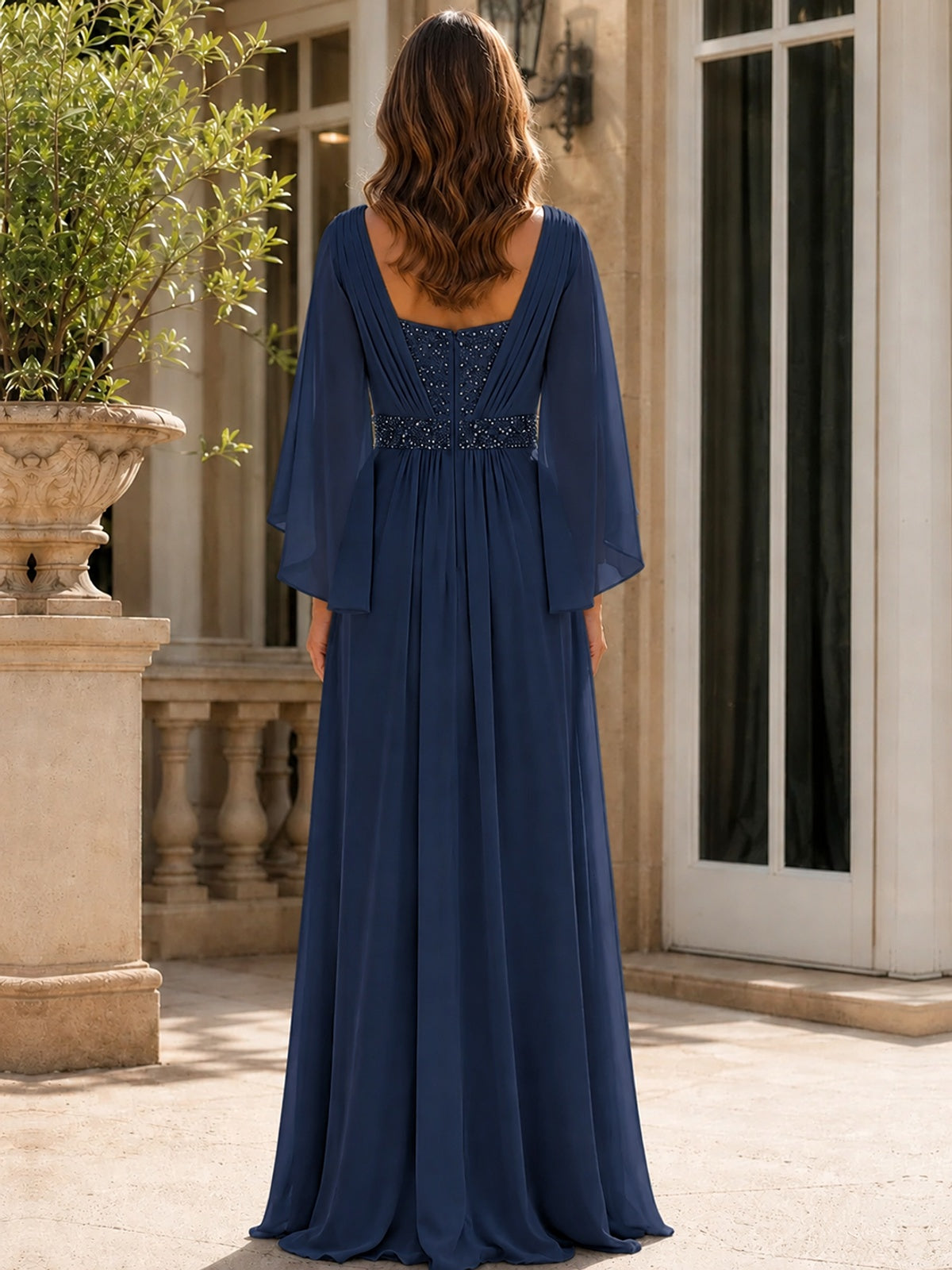 Elegant V-Neck Sequined Chiffon Mother of the Bride Dress with Flutter Sleeves
