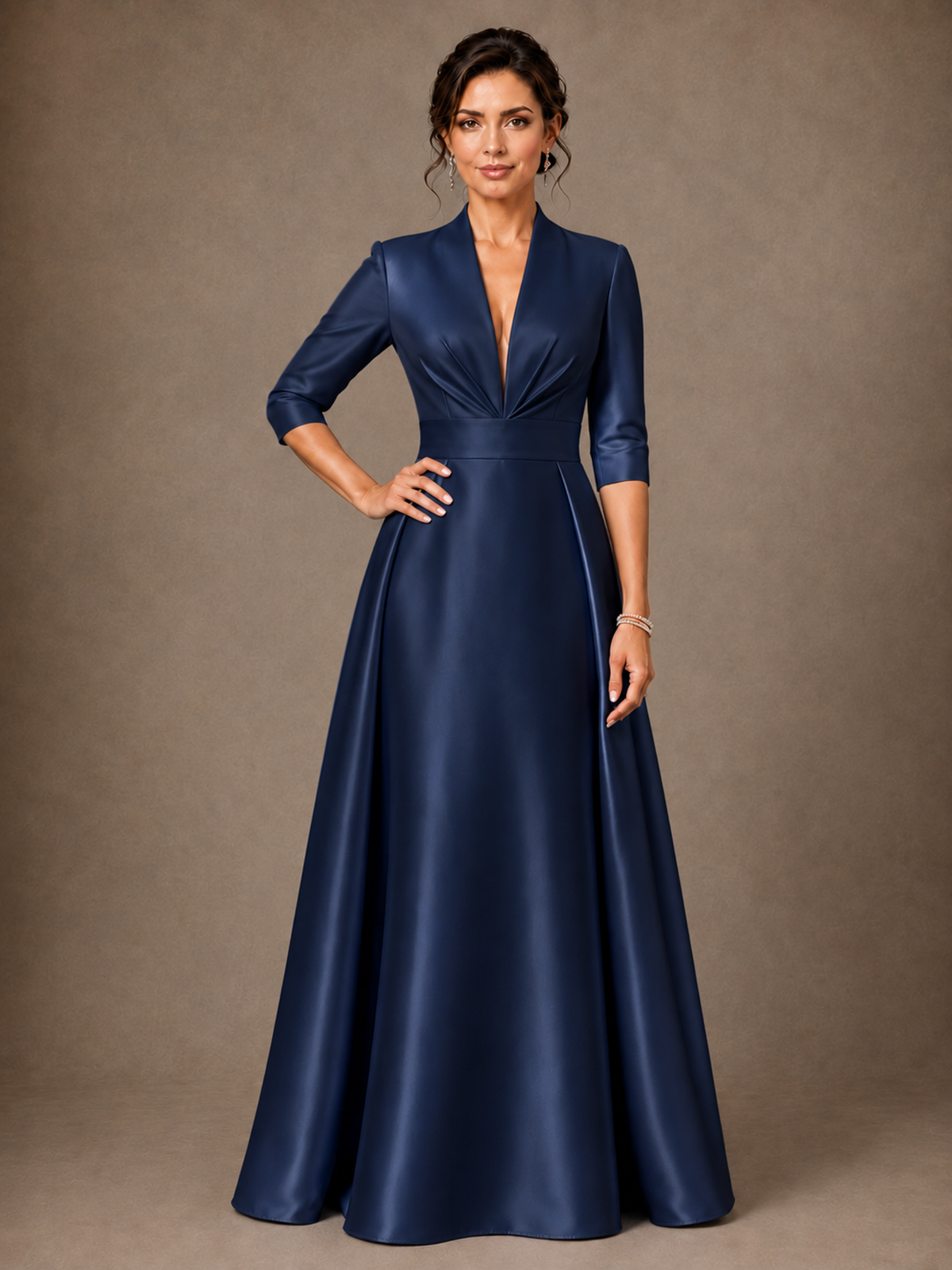 V-Neck Pleated Satin Mother of the Bride Gown with 3/4 Sleeves