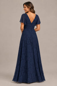 Jovellee Floral Chiffon A-Line Mother of the Bride Dress with Flutter Sleeves